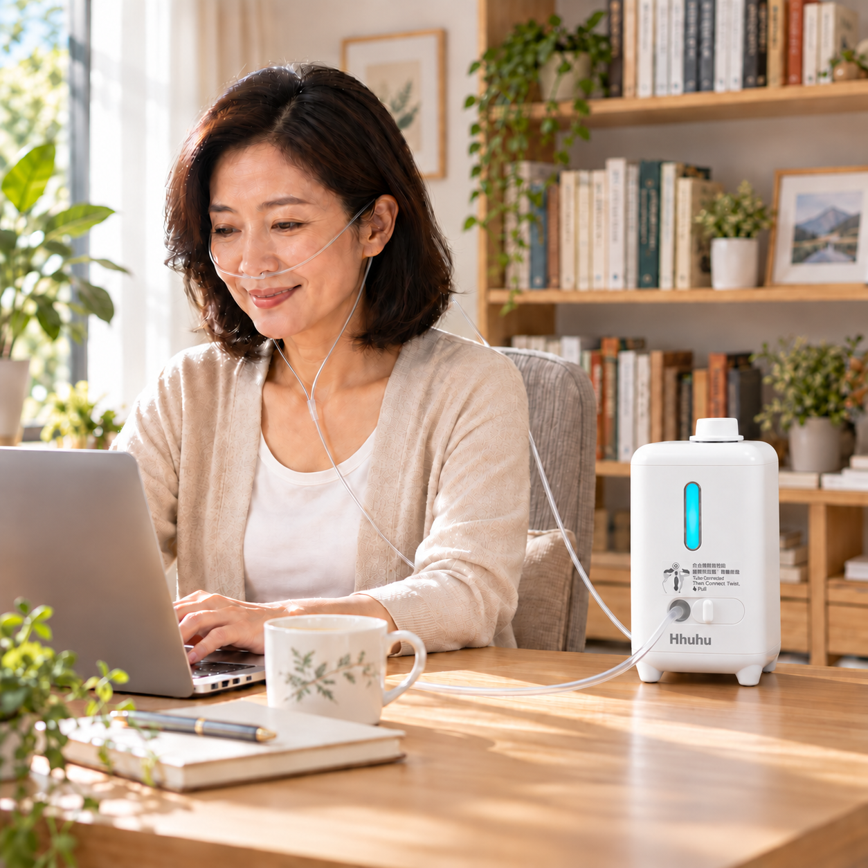 女性在居家書房使用筆電，桌面擺放 Hhuhu 150 PLUS