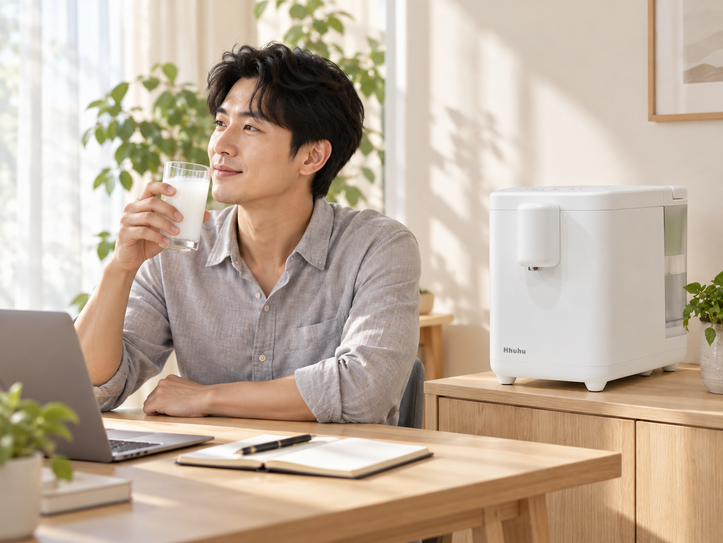 居家工作空檔，成人在筆電旁喝氫奶，機器放在身旁的穩固櫃面